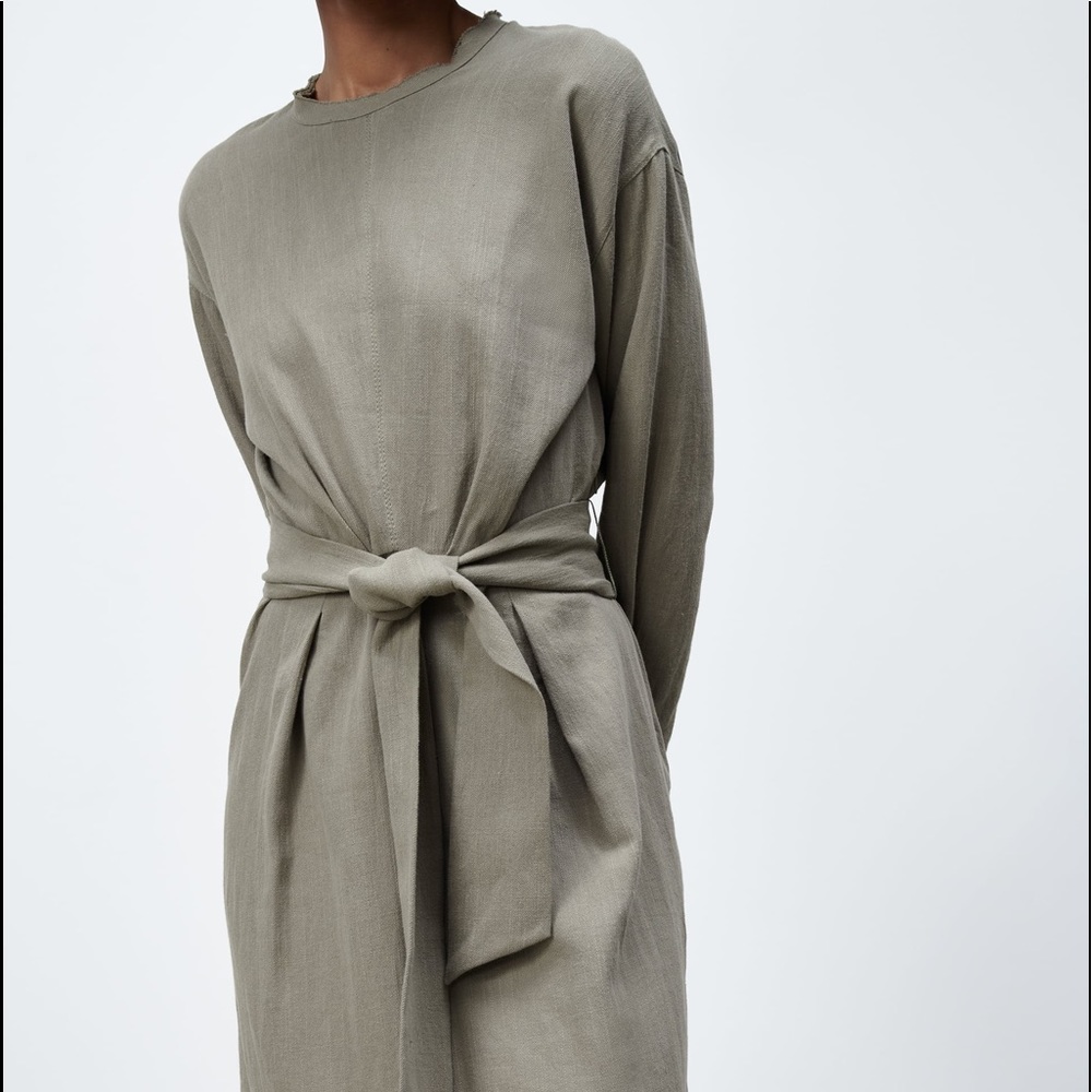 Zara LINEN BLEND MIDI DRESS w/ Tie Belt Green NEW - Picture 5 of 9